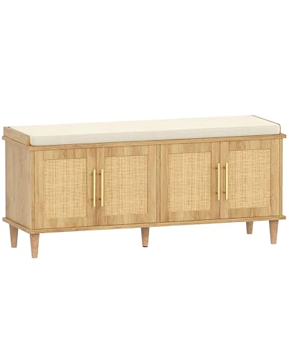 Akxomel 47.2″ Rattan Shoe Storage Bench 4 Doors Wooden Entryway Bench Oak | 2 Tier Shoe Bench with Padded Cushion, Adjustable Shelves and 4 Doors, Solid Wood Legs, for Hallway, Living Room, Bedroom