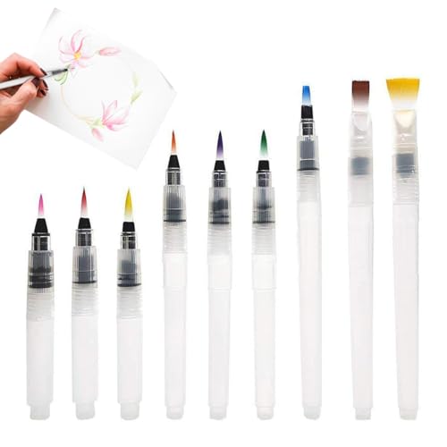 JYNXOR 9 Piezas Pinceles Acuarela Recargables, Pincel de Agua con Depósito Rellenable, Rotuladores de Agua, Pluma Acuarela Pinceles Agua con Depósito Recargable Water Brush para Acuarela y Caligrafía