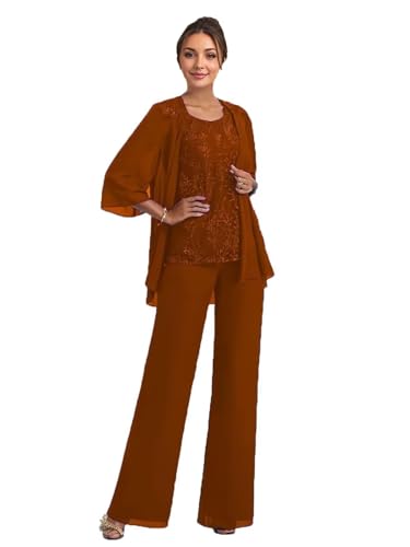 Chiffon Applique 3/4 Sleeve 3 Piece Mother of The Bride Pantsuits for Wedding Guest Formal Occasions with Jackets