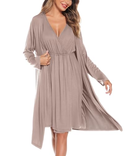 Image of SWOMOG Women Maternity Nursing Gown and Robe Set 3 in 1 Labor Delivery Nursing Nightgown for Breastfeeding Hospital Bathrobe