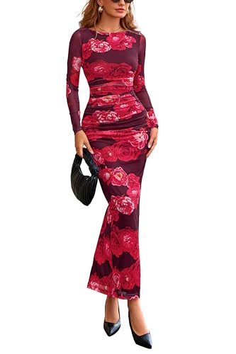 Image of PRETTYGARDEN Women's Long Sleeve Bodycon Dresses 2026 Spring Sexy Floral Mesh Slit Ruched Tight Maxi Wedding Guest Dress