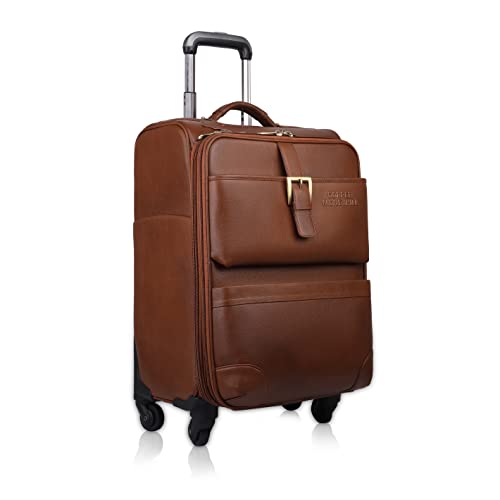 Image of Stylish and Durable Leather Trolley Luggage Bag Perfect for Travel and Business 46 litres Suitcase (TAN, Leather)