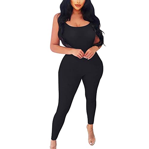 Mono sin mangas de tirantes delgados para mujer, body ajustado a la figura, mameluco para mujer, de verano, largo de algodón (negro, M), Negro , M