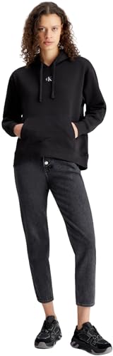 Calvin Klein Jeans Women Woven Label Oversized Hoodie Sweatshirts Black, L