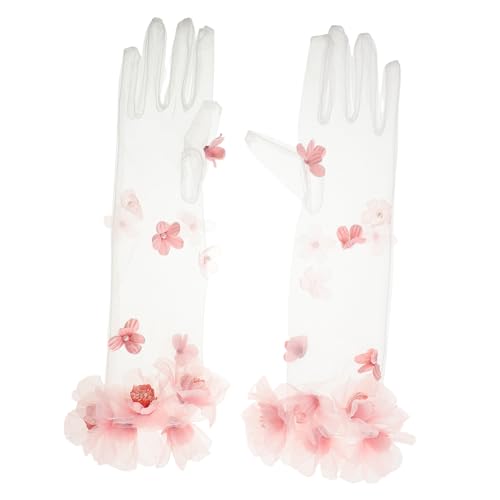 Guantes de novia largos con tul transparente de alta calidad y flores rosas artesanales