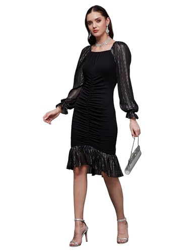 Image of Miss Chase Womens Bodycon Square Puff Sleeve Solid Lace Overlaid Ankle Length Dress