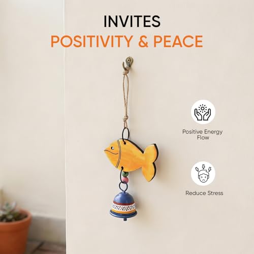 Image of Aakriti Art Creations Handpainted Orange Fish Wind Chime | Handmade Wooden & Metal Wind Chime | Matte Decorative Wind Chimes for Balcony, Garden & Home, Living Room & Gifting