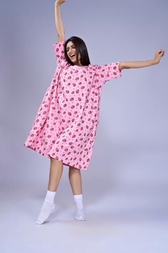 Image of LAMA STORE Women's Printed Oversized T-Shirt Dress, Cotton, 3 /4 Sleeve Length, Casual Loose Fit, Comfort Wear Extra Comfy Oversized Printed Pocket T-Shirt Dress