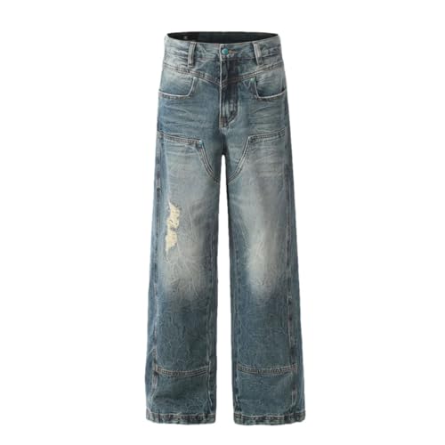Men’S Straight Leg Washed Denim Jeans with Zipper Fly Low Waist Regular Fit Hip Hop Trousers
