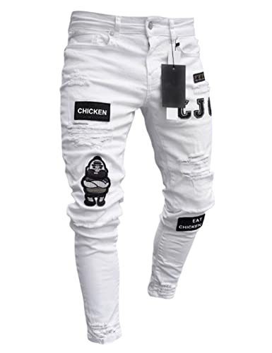 Kinkia Men's Slim-fit Ripped Tapered Leg Jean Fashion Trend Badge Ripped Zipper Feet Pants