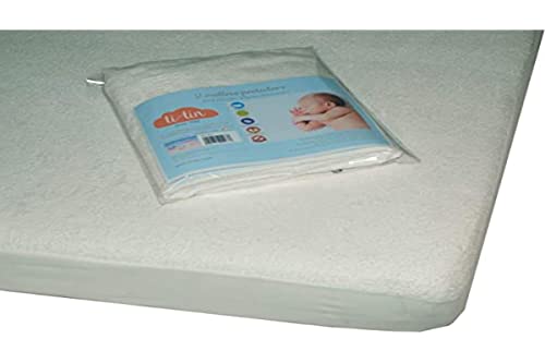 Pack de 2 Protectores de Colchón de Cuna 80x50 cm Impermeables y Transpirables en Rizo de Algodón Suave, Ajuste con Elásticos, Anti Bacterias y Lavable