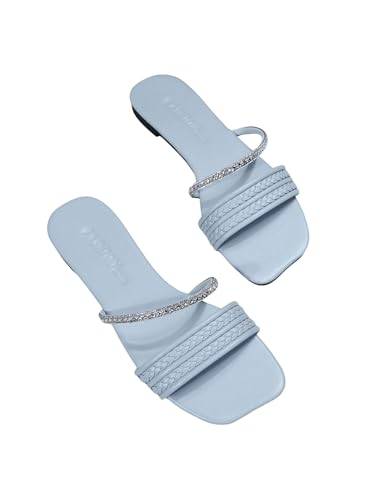 GORGLITTER Women's Glitter Rhinestone Braided Strappy Flats Pu Leather Square Open Toe Slide Sandals