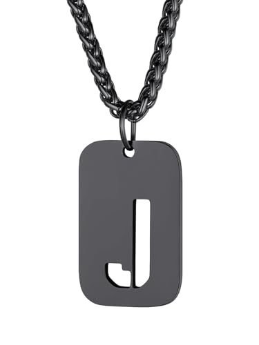 Richsteel Cadena Dog Tag y Letras A-Z Inicial de Nombre de Acero Inoxidable Chapado en Negro