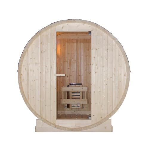 SANOTECHNIK Sauna in botte TROMSÖ M – Sauna esterna per 2 persone 194,8×120×191,5 cm, stufa Harvia 3,6 kW, legno di abete rosso, vetro temperato – Art.Nr. F50120