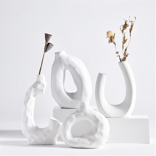 Vase géométrique en céramique blanc d'exception pour arrangement décoratif raffiné