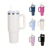 Travel Mug Coffee Cup 40oz Tumbler Straw Lid and Handle, Stainless Steel Insulated Water Bottle - Leakproof, Insulated Water Bottle with Handle and Straw Cup for Home, Office, Car, Travel (White)