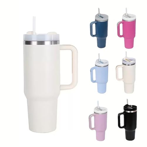 Travel Mug Coffee Cup 40oz Tumbler with Straw Lid and Handle, Stainless Steel Insulated Water Bottle - Leakproof, Insulated Bottle with Handle & Straw for Home, Office, Car, Travel (White)