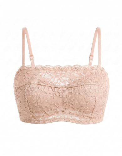 Showyoo Lace Bra with Detachable Straps Womens Tube Top Bandeau Underwire No Slip Silicone Grip Everyday Bra Lingerie Beige
