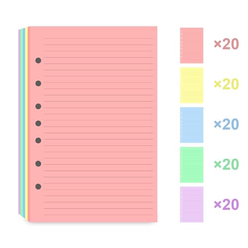 7-Hole Lined Refills Paper, A5 Filler Paper for Planner Inserts, A5 Loose Leaf Paper, 5 Colors(20 Sheets/C), 100 Sheets/200 Pages, College Ruled, 5.5 X 8.5 Inch