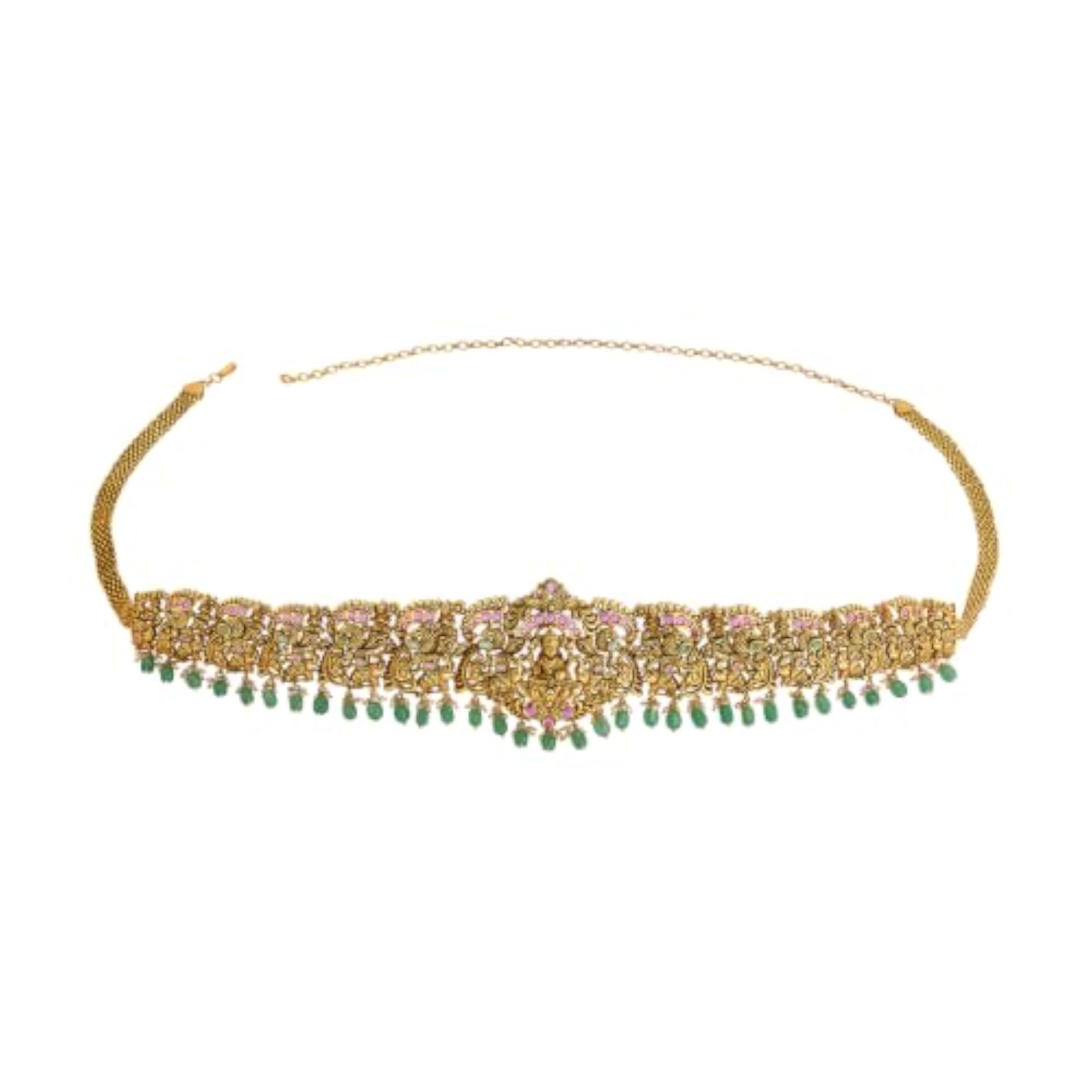 Women's Ruby-Green Gold Plated Antique Kamarbandh Waist Belt, Adjustable