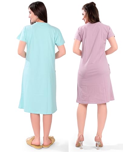 Image of Printed Knee Length Pocket Night Dresses for Women | Cat Lover | Premium Soft Cotton Nighty | Blue and Maroon