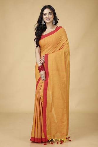 Image of OISHANI SAREE GHOR Women's Traditional Bengal Soild Cotton Handloom Sarees