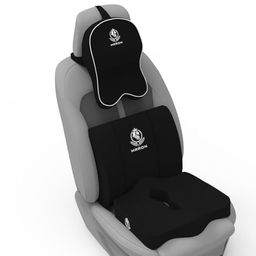 Image of MRRON Memory Foam Car Seat Cushion Combo - Backrest, Coccyx Cushion & Neckrest - Orthopedic Support for Back, Tailbone, Sciatica & Neck Pain - Ergonomic Comfort for Car, Office. (Black, Lumbar)