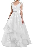 HAIBFJIN Vestido de novia largo de encaje para mujer, estilo bohemio, vestido de novia con abertura, elegante, acampanado, Blanco-g., 46