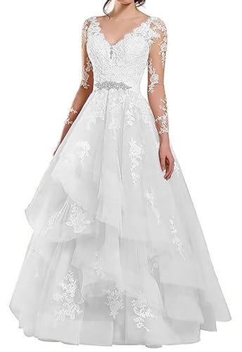 HAIBFJIN Vestido de novia largo de encaje para mujer, estilo bohemio, vestido de novia con abertura, elegante, acampanado, Blanco-g., 46