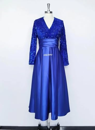 Mother of The Bride Dresses for Wedding Tea Length Formal Gowns Sequin Satin Prom Dress with Long Sleeve2
