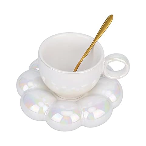 Keramik Kaffeebecher,Wolke Kaffeetasse und Untertasse Set, Niedliche Tasse mit Blumenlöffel und untersetzer,Kawaii Teebecher,Latte Tassen 200ml für Büro und Zuhause Cover
