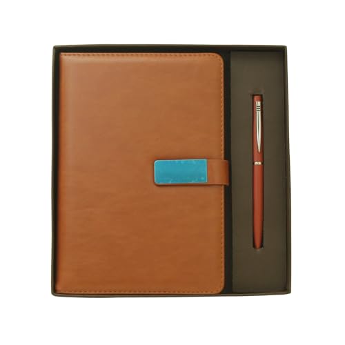 Image of Diary & Pen Gift Set with Magnetic Closure, Vegan Leather Notebook with Classic Ball Pen, 192 Pages 80 GSM Ivory Paper for Office Corporate Gift (Tan)