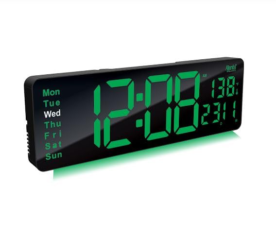 Image of Ajanta Digital Electric Wall Clock with Time, Temperature, Date & Day | RGB LED Night Light Display | USB Type-C Charger | 12 /24H Format & Snooze (Green)