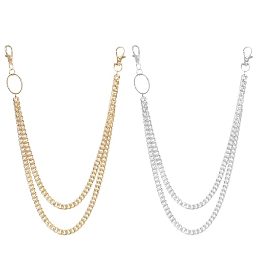 2 Pcs Pants Wallet Chains for Men Women Heavy Duty Jean Belt Pocket Chains with Lobster Clasp Hip Hop Goth Biker Style Metal Silver and Gold