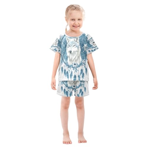 senya Short Sleeve Pajamas Sets Summer Cotton Sleepwear Blue Feather Dreamcatcher Wolf3