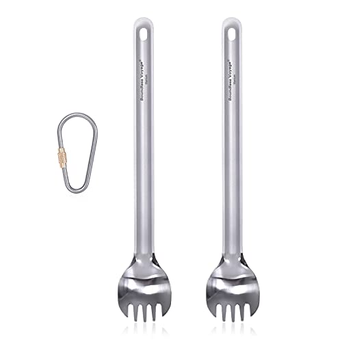 iBasingo Titanium Long Handle Spork Camping Soup Rice Snack Cutlery with Polished Bowl Ultralight Cutlery Outdoor Picnic Flatware Portable Travel Tableware Cooking Utensils with Hook 2 Pieces Ti1032T