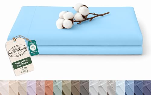 Royale Linens 100% Organic Cotton King Size Flat Sheet Only - Percale Top Sheets - King Flat Sheet Sold Separately - Lightweight & Soft 100% Cotton Lake Blue Bed Sheets Only (105" x 102", Lake Blue)