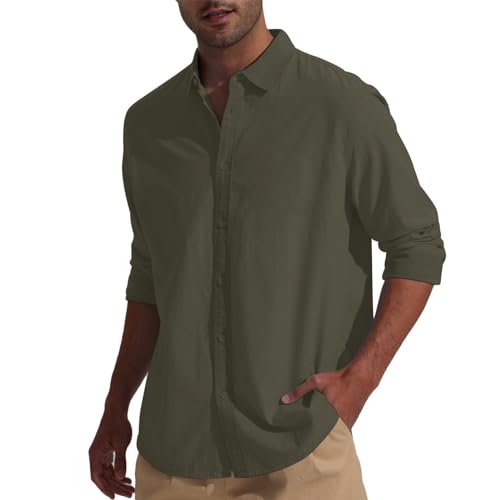 Friptspyg Leinenhemd Herren Hemd Langarm Baumwolle Leinen Hemden Button-Down Freizeithemden Casual Regular Fit Sommerhemd, Olivgrün M 5