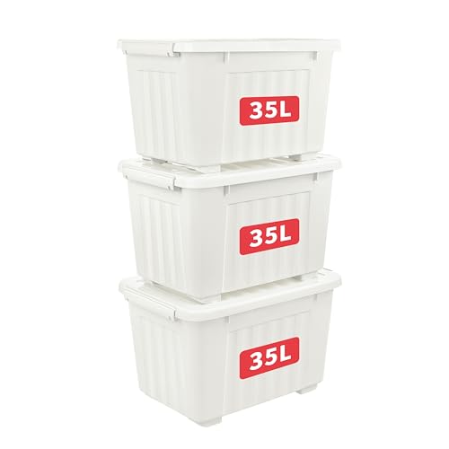 Cetomo 35L*3 Cajas de Almacenamiento con Tapas, Contenedores de Plástico con Ruedas, Clip On, Apilables, Encajables, Organizador Rayado para Oficina en Casa, Blanco, 35L-3 Pack