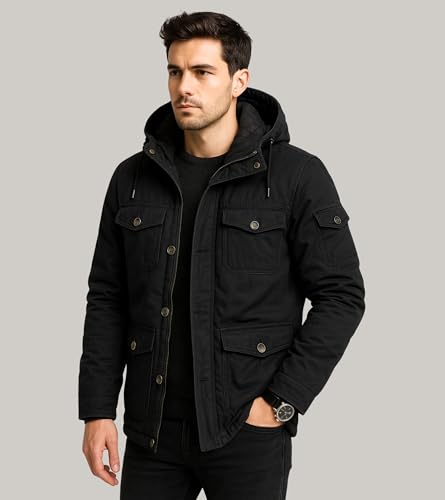 Image of L'MONTE Men's Heavy-Duty Winter Jacket - Cotton Outdoor Coat with Fleece Lining, Detachable Hood, and Multi-Pockets - Warm, Windproof & Stylish for Cold Weather