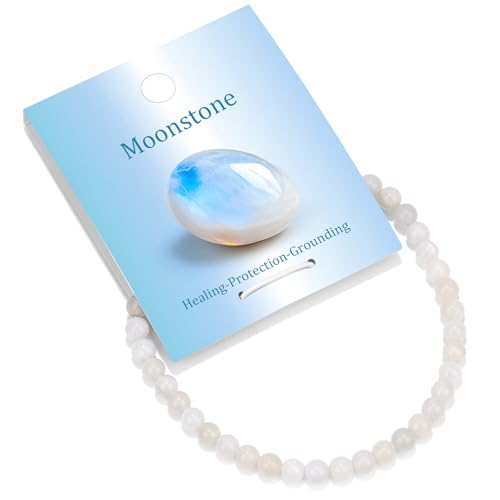 Vinswet Healing Crystal Bracelets for Women Men 4mm Moonstone Natural Stone Beaded Stretch Bracelet Handmade Gemstone Reiki Spiritual Jewelry Gifts