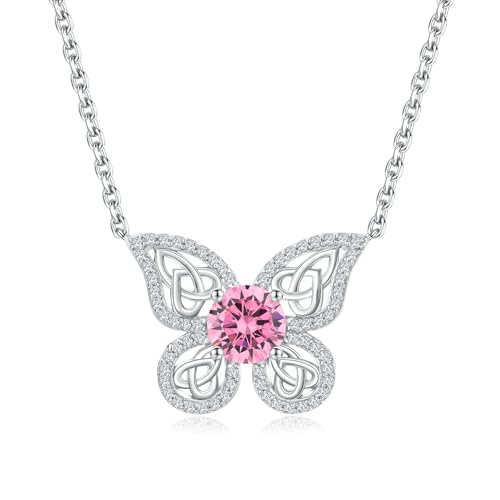 Butterfly Necklace Celtic Irish Jewelry 925 Sterling Silver Birthstone Necklaces for Women Sapphire/Ruby/Emerald Gemstone Cute Butterfly Pendant Necklace