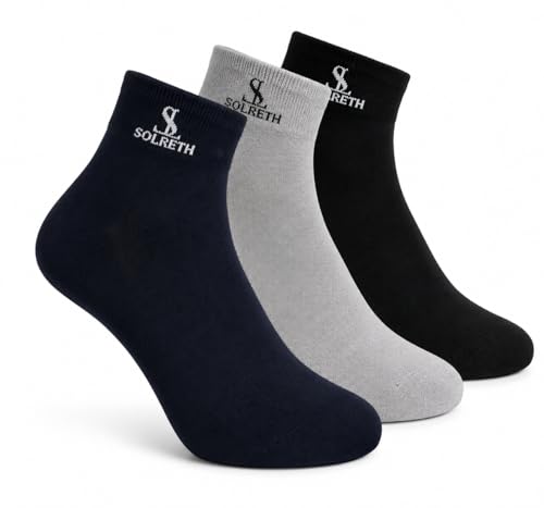 Image of Ankle-Length Cotton Socks for Men, Navy Blue, Light Grey and Black, Reinforced Heel and Toe, Everyday Comfort, Gym, Sports, Casual Wear, Pack of 3