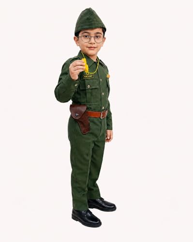 Image of BookMyCostume 8-Pcs Netaji Subhash Chandra Bose Indian National Leader Dress | Freedom Fighter Costume for Kids | Patriotic Independence Day, School Annual Function & Fancy Dress | Green 3-4 Years