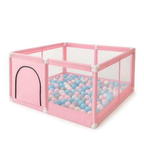 Image of Baby Playpen with Balls - Portable Play Yard with Mesh Panels for Safety & Visibility, Indoor /Outdoor Toddler Activity Fence for Boys & Girls (Baby Pink)