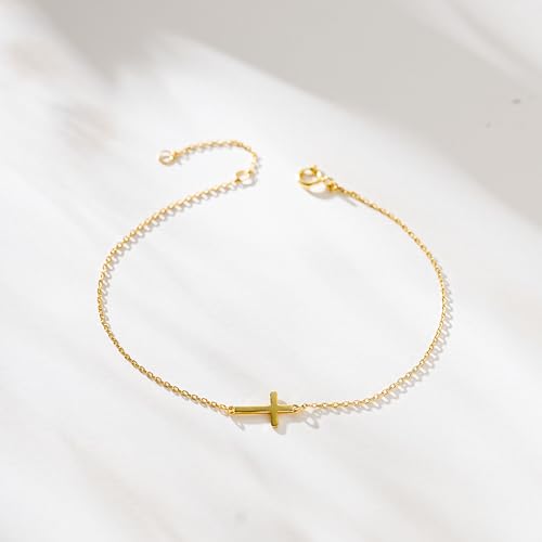 LUCA SMITH 925 Sterling Silver Cross Bracelet for Women Adjustable Stackable Dainty 14K Gold/Silver Cute Tiny Symbolic Cross Pendant Charm Link Chain Faith-Based Jewelry3