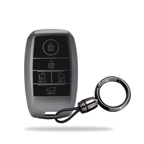 Image of SIAGO TPU Key Cover and Round Key Chain Compatible with KIA Carnival 5 Button Flip Key (Grey)