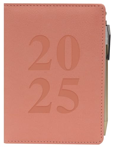 2025 A6 Day a Page Appointment Diary with Pen - Tabbed Monthly Index Planner - Soft Touch Casebound Covers - Full Year UK Organiser Journal (Pink)