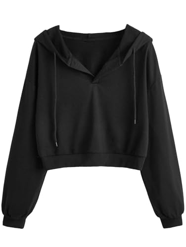 Remidoo Women's Casual Long Sleeve Crop Top Hoodies Sweatshirt With Drawsting Black Large