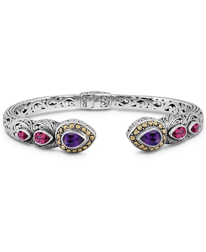 Image of DEVATA Sterling Silver 925 and 18K Gold with Gemstones Bali Filigree Cuff Bracelet